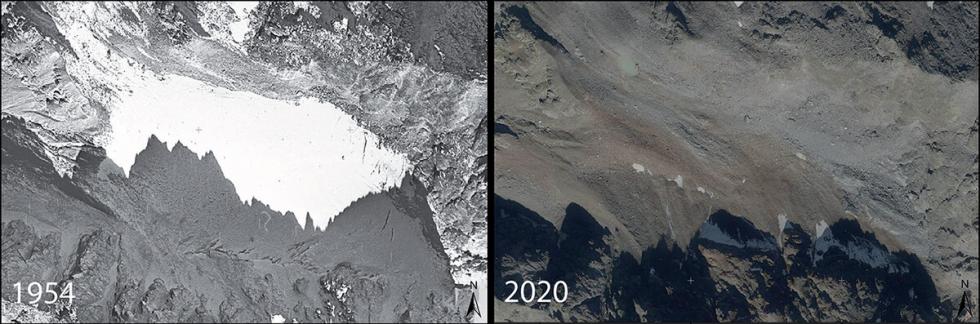 Glacier V at Schnapfenkuchl in the Austrian Alps in comparison 1954 and 2020.