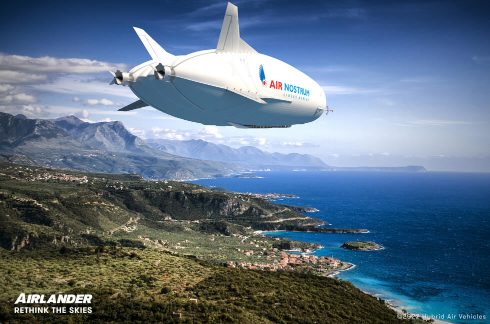 the airship flying over a coast