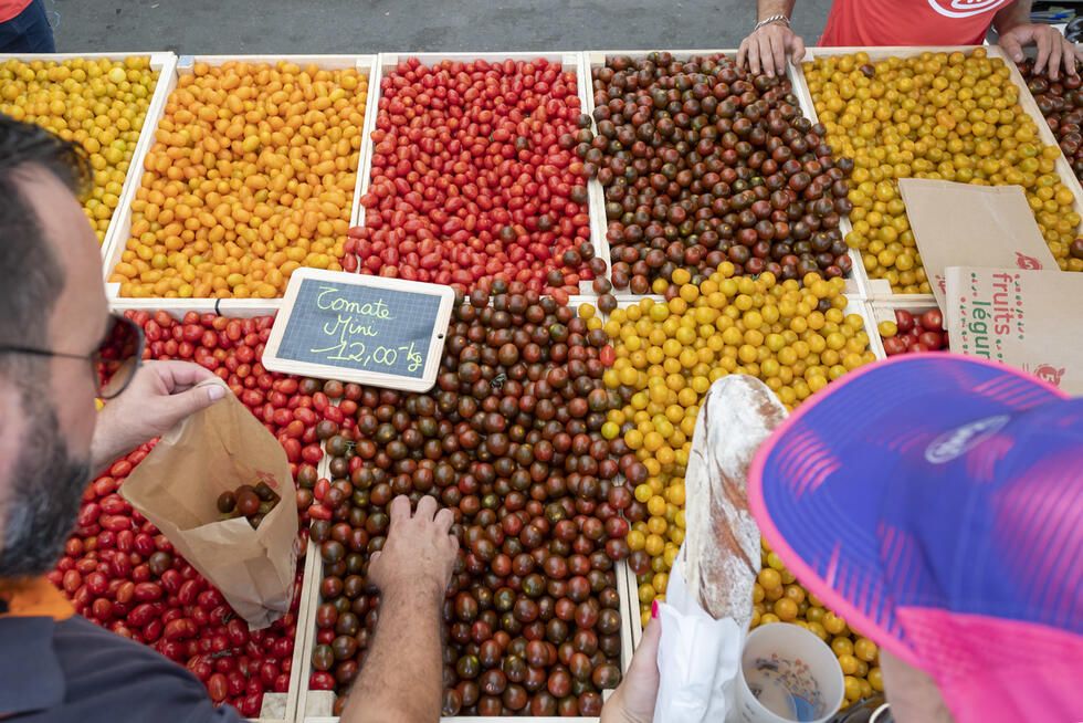 a variety of tomatoes at a market stall