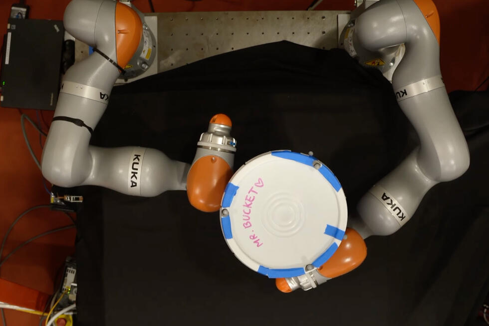 A robot rotating a bucket