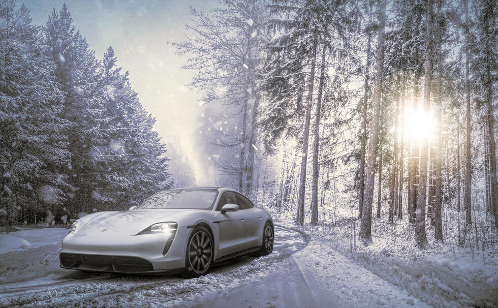 Porsche Taycan on a snow-covered road