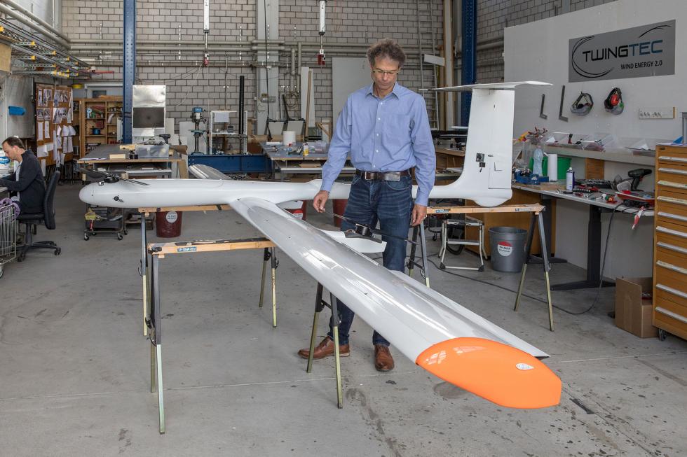 Rolf Luchsinger and his energy kite, which looks like a small sailplane