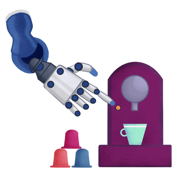 Illustration of a robot hand pushing the button on a coffe machine by Liebana Goñi