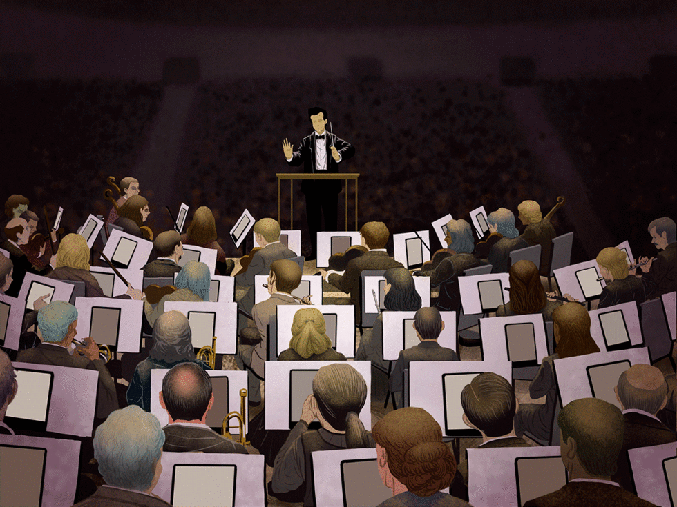 An orchestra playing music using digital sheet music on a tablet