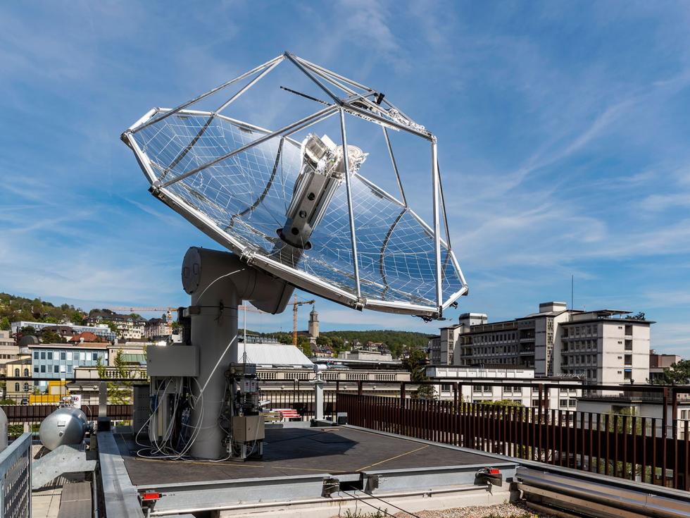 For the first time, liquid hydrocarbon fuels are being thermochemically produced from concentrated sunlight and ambient air. Researchers of the Professorship of Renewable Energy Carriers at ETH Zurich developed the technologies and demonstrated the entire process chain under real field conditions in a solar mini-refinery system mounted on the roof of the ETH-Machine Laboratory.
