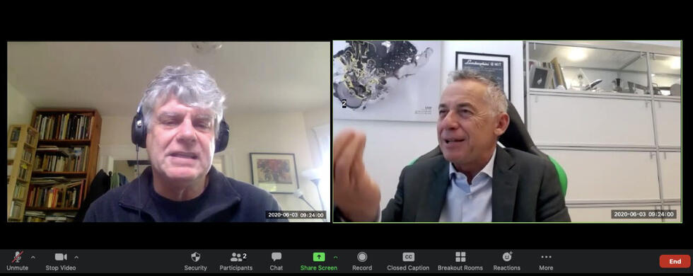 Screenshot of the Zoom video-call between Naratek's Juergen Schoenstein and Lamborghini's CTO Maurizio Reggiani