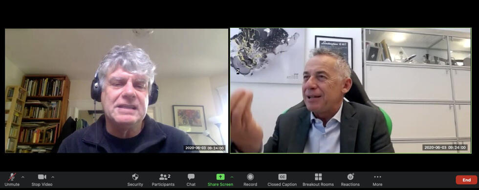 Screenshot of the Zoom video-call between Naratek's Juergen Schoenstein and Lamborghini's CTO Maurizio Reggiani 